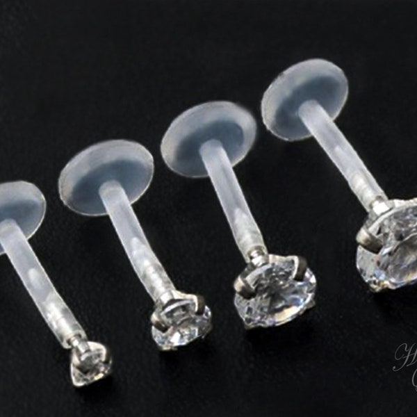 6 Pc 2Mm Clear Cz Push In Stud Lip Labret Monroe Ear Cartilage - Foto 14