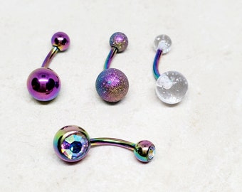 14g 316l surgical steel rainbow ab crystal glitter banana belly button ring piercing, navel bar piercing jewelry curved barbell