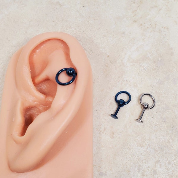 16g 1/4" 6mm short Cartilage Earring, tragus rook stud, Captive ring door knocker barbell, Cartilage Piercing, rook helix stud earrings