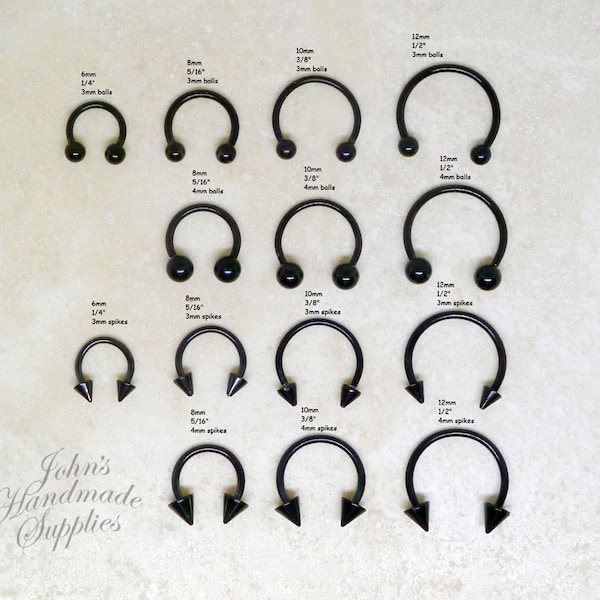 16g 316L surgical steel 6mm 8mm 10mm 12mm black horseshoe, nose septum ring, lip labret ring, cartilage tragus rook conch daith hoop earring