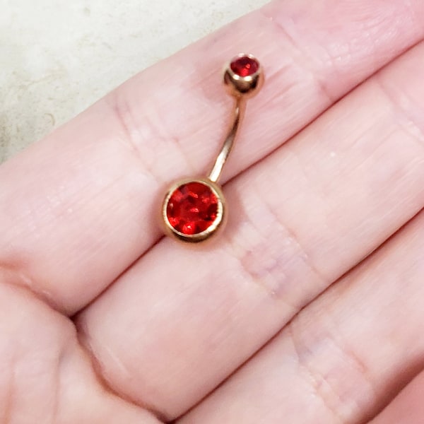 14g yellow gold garnet red crystal birth stone banana bar belly button ring curved barbell bar piercing navel ring piercing January