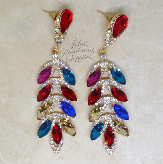STUNNING Clear Crystals LONG CHANDELIER Bridal Pageant Prom Drag CLIP Earrings C