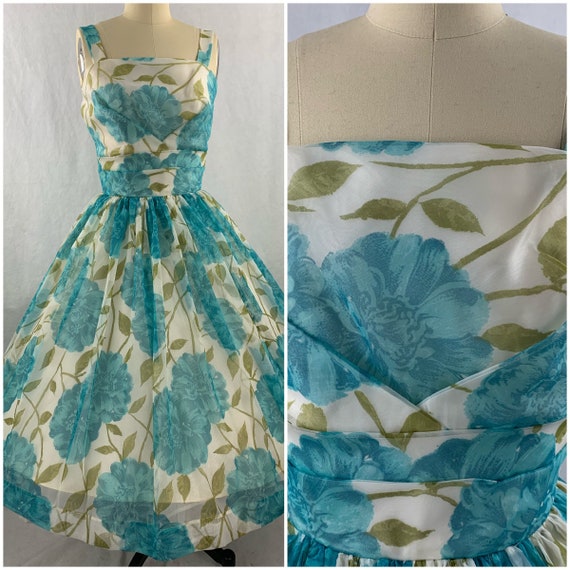 1950s Deadstock Teal Roses Party Dress