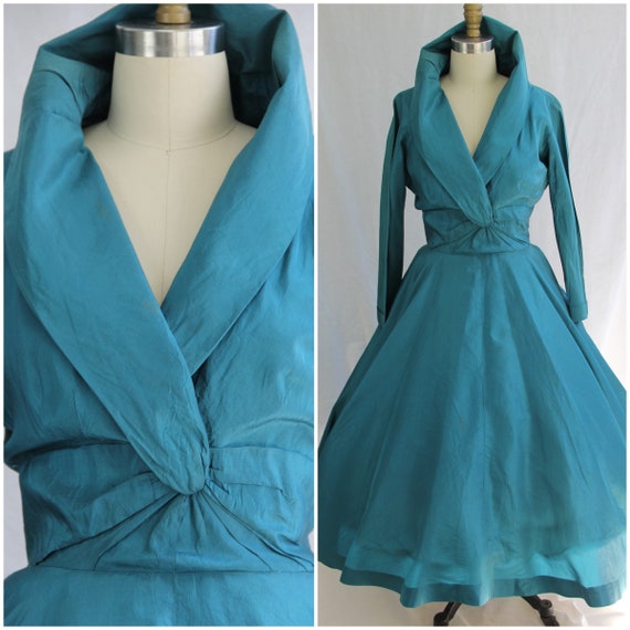 1950s Teal Pure Silk full skirt dress