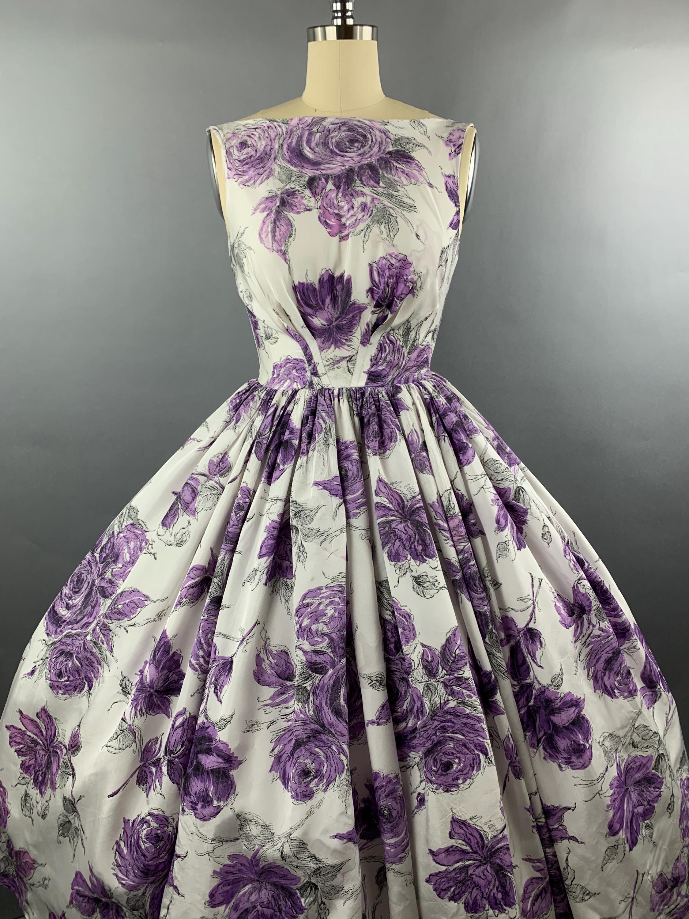 1950s Green Purple Floral Print Dress by Rappi | XS/S