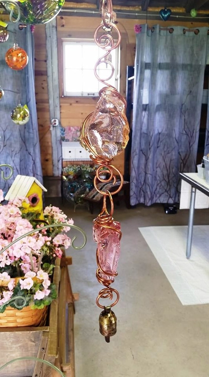 Peach and Pink Fenton Art Glass SuncatcherWind Chime Fairystones Garden Art