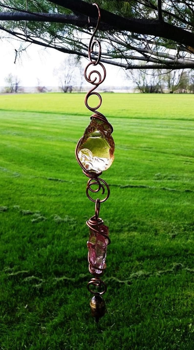 Peach and Pink Fenton Art Glass SuncatcherWind Chime Fairystones Garden Art