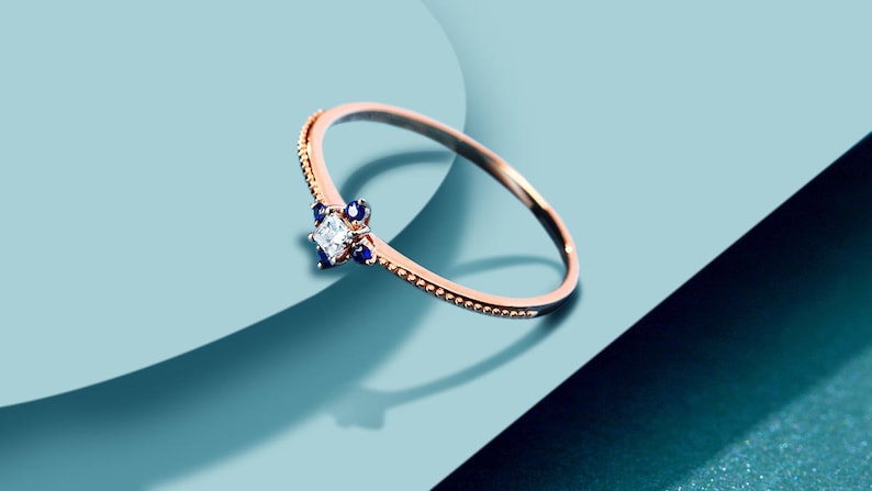 Sapphire engagement ring rose gold,Square diamond wedding ring for women,delicate Bead edge ring,art deco jewelry,anniversary gift for her