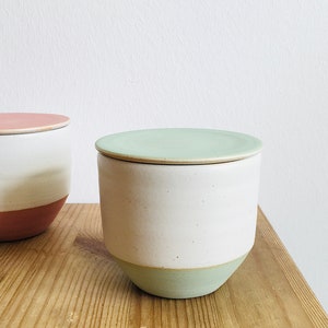 May include: Two ceramic storage jars with lids. The jar on the left has a pink lid and a white body with a pink band. The jar on the right has a light green lid and a white body with a light green band.