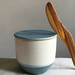 May include: A white ceramic butter dish with a blue lid and a wooden butter knife. The dish has a blue band around the bottom.