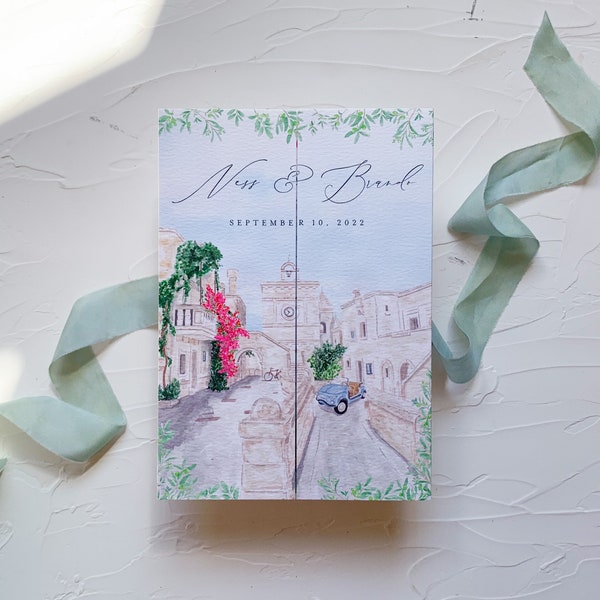 SAMPLE ONLY Bespoke Venue Illustration Wedding Invitation | Printed invitations | Gatefold design
