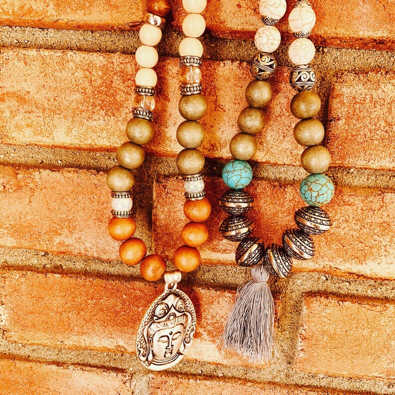 Beaded Boho Necklace Long Chunky Wood Bead Necklace Yoga Etsy