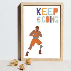 Disability representation poster, keep on going male amputee boxer, body positive decor, strong man with bionic leg, prosthetic limb art