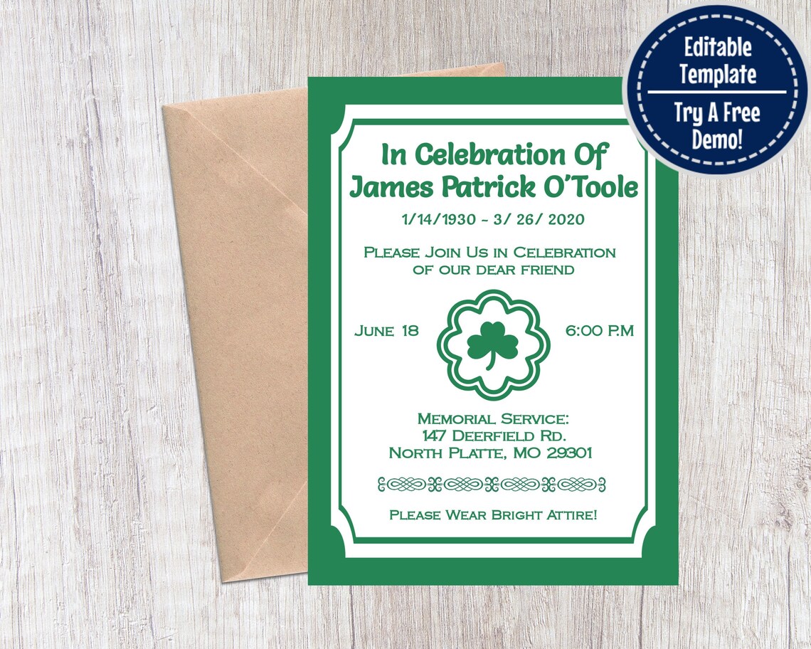 Printable Irish Memorial Service Invitation Irish Wake Etsy