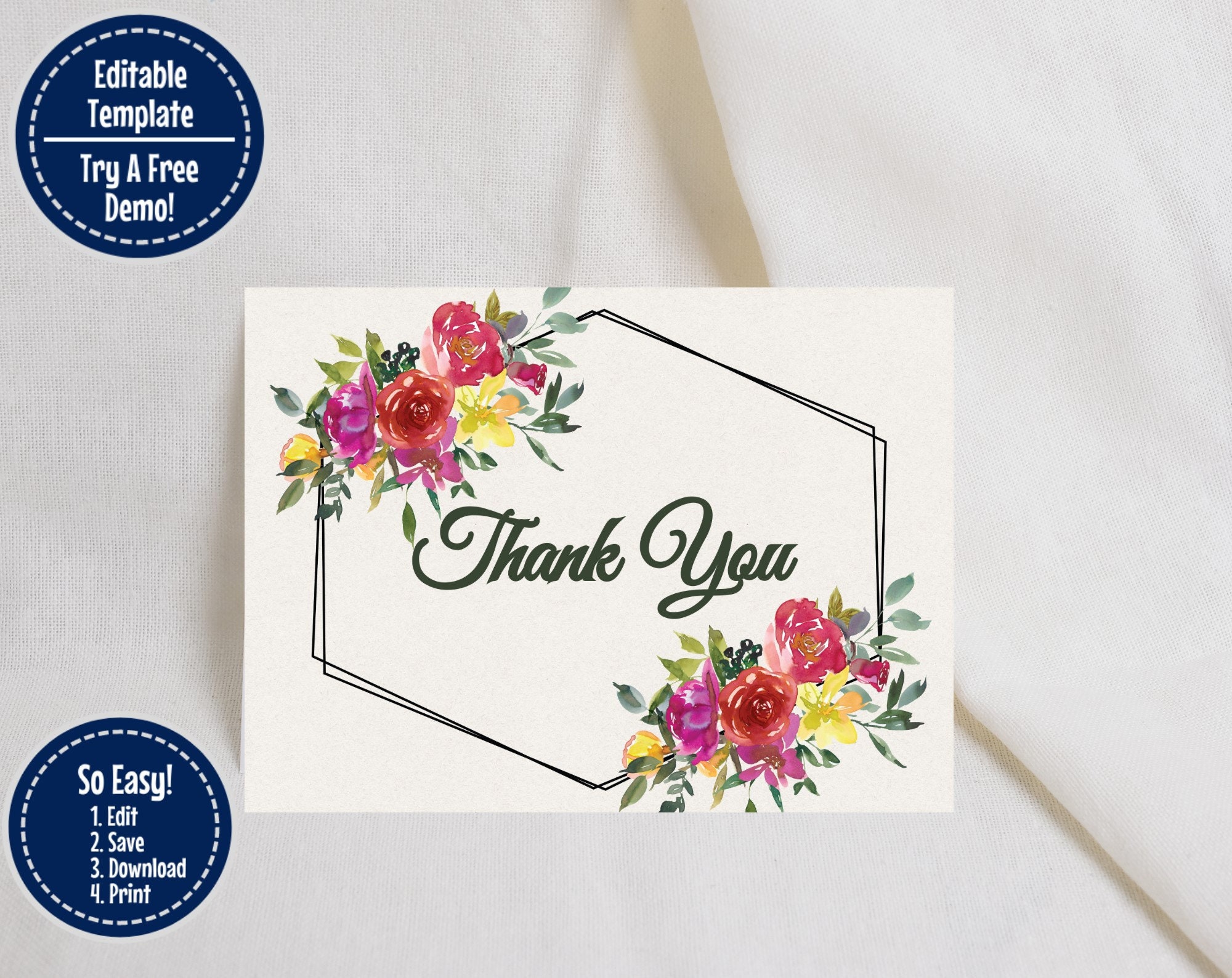 Yellow and Red Floral Thank You Notes Printable Personal | Etsy