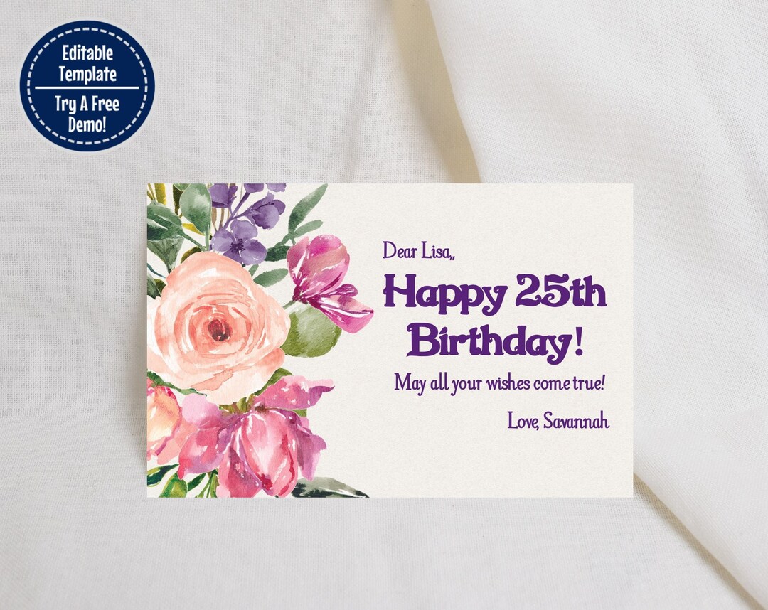 Digital Birthday Card for Her Watercolor Pink Floral Editable - Etsy