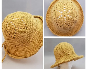 Cotton Summer Sun Hat - Flower Crochet Brimmed Sun Hat