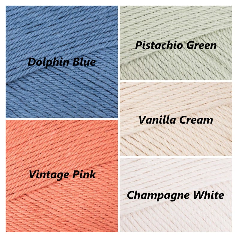 May include: Four yarn skeins in different colours: dolphin blue, pistachio green, vanilla cream, and vintage pink. The yarn is a soft, cotton blend.