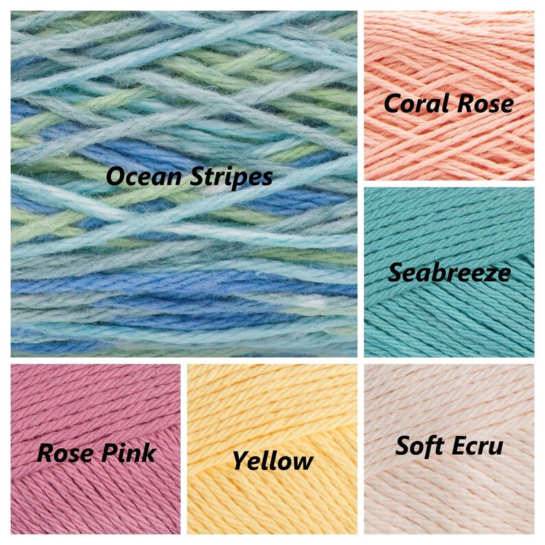 May include: Six skeins of yarn in different colors: Ocean Stripes, Coral Rose, Seabreeze, Rose Pink, Yellow, and Soft Ecru.