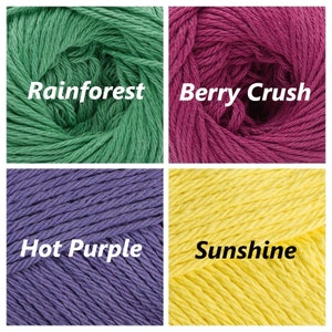 May include: Four skeins of yarn in different colors: Rainforest green, Berry Crush pink, Hot Purple, and Sunshine yellow.