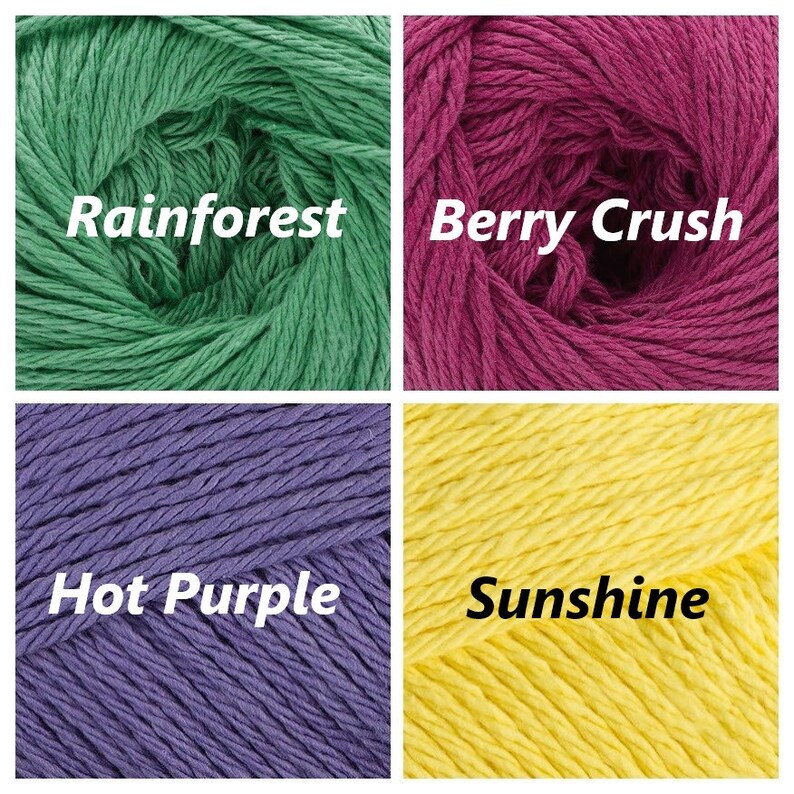 May include: Four skeins of yarn in different colors: Rainforest green, Berry Crush pink, Hot Purple, and Sunshine yellow.