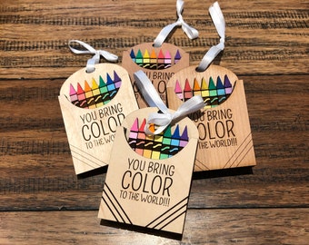 Crayon Ornament Wood | You Bring Color to the World | Interactive Crayon Party Favor | Crayon Box and Colored Crayons