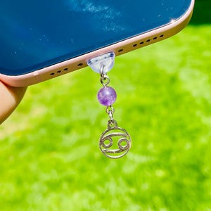May include: A silver-toned phone charm featuring a purple amethyst bead and a Cancer zodiac symbol. The charm is attached to a clear plastic piece, designed to be inserted into a phone's charging port. The background is a blurred green.