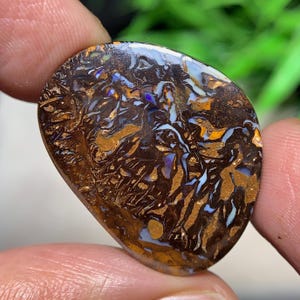 May include: A polished, oval gemstone with a dark brown base. It displays intricate patterns in gold, white, and blue, creating a unique appearance. The gemstone is held between fingers, highlighting its size and detail. The stone is likely a type of opal.