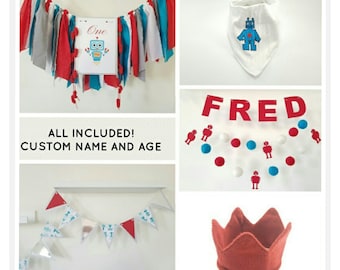 Robot birthday package,Science birthday theme,Robot party decorations,Robot bunting,Science shower party,Robot bandana.Robot highchair,crown