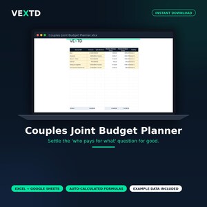 Puede incluir: Una hoja de cálculo digital Couples Joint Budget Planner en la pantalla de un portátil. La interfaz muestra columnas para facturas compartidas, importes, métodos de división y cuotas de los socios. Texto: VEXTD, INSTANT DOWNLOAD, EXCEL + GOOGLE SHEETS.