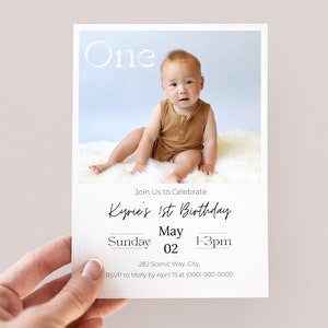 Modèle modifiable sur invitation 1er anniversaire, à personnaliser avec votre propre photo, étape importante de bébé, anniversaire de garçon ou de fille, téléchargement immédiat