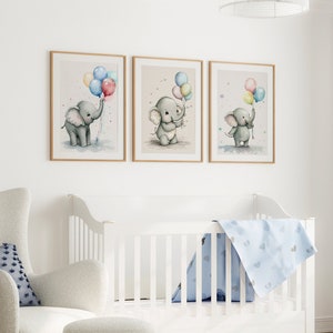 Watercolor Elephant Nursery Prints: Set of 3, Neutral Decor (Digital Download)