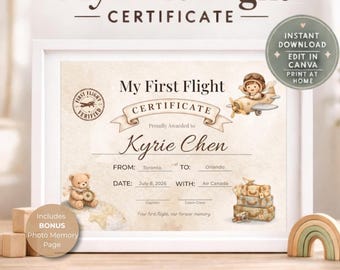 Certificado del primer vuelo del bebé (descarga instantánea) / Hito de viaje imprimible / Mi primer certificado de vuelo para niños / Recuerdo editable
