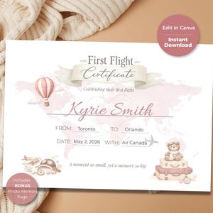 Puede incluir: Un "Certificado de Primer Vuelo" rosa y blanco con una ilustración de globo aerostático. El certificado incluye el nombre "Kyrie Smith", detalles del vuelo y el texto "Un momento tan pequeño, pero un recuerdo tan grande."