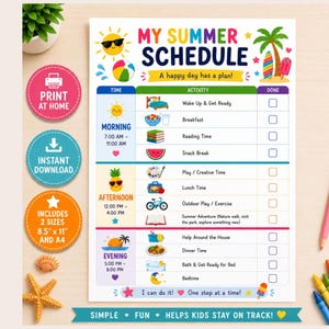 May include: A printable My Summer Schedule chart featuring colorful summer icons like a sun, beach ball, and palm tree. The grid includes time blocks for morning, afternoon, and evening activities with checkboxes for completion and the text I can do it!