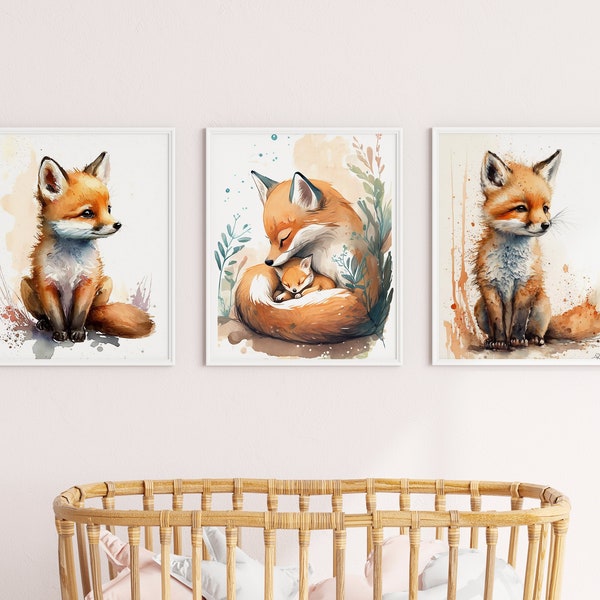 PRINTABLE Set of 3 Fox Prints- Watercolor Fox Art- Kids Nursery Room Prints- Neutral Wall Decor- Boho Decor-Mom & Baby Love-DIGITAL DOWNLOAD