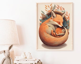 PRINTABLE Fox Art- Love Mom Baby Fox- Fox Nursery Wall Art Printable- Gender Neutral Nursery- Fox Watercolor-Kids Printable-DIGITAL DOWNLOAD