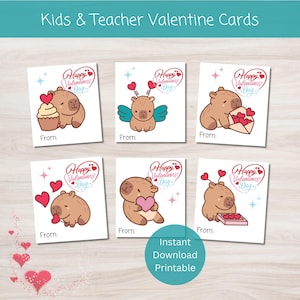 Tarjetas de San Valentín con capibaras para imprimir - Tarjetas de San Valentín para el aula para niños - Etiquetas de regalo de San Valentín - Preescolar y jardín de infantes - Descarga instantánea