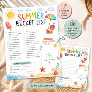 May include: A Summer Bucket List printable activity sheet featuring watercolor illustrations of a sun, popsicle, beach umbrella, watermelon, and starfish. The document includes a checklist of activities, a Summer Highlights section, and a space to add a photo.