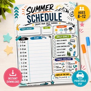 Utskrivbart sommarschema för barn, dagligt schema för barn i åldrarna 8-12, sommarplanerare, alternativ till skärmtid, utskrivbar PDF, sommarlov
