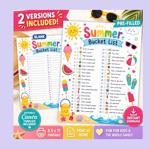 Summer Bucket List Printable for Kids, Editable Summer Checklist Canva Template,Kids Summer Activities,Pre Filled & Blank Family Bucket List