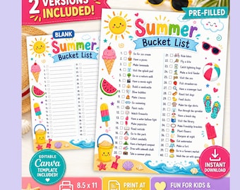 Summer Bucket List Printable for Kids, Editable Summer Checklist Canva Template,Kids Summer Activities,Pre Filled & Blank Family Bucket List