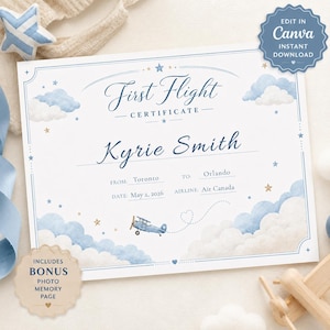 Puede incluir: Una plantilla de certificado de primer vuelo con nubes de acuarela azules, estrellas doradas y un pequeño avión azul. El texto dice First Flight Certificate, Kyrie Smith, Toronto to Orlando, May 2, 2026, y Air Canada. Incluye una insignia azul de Canva.