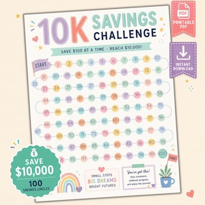 Puede incluir: Un rastreador de ahorros 10K Savings Challenge imprimible con un camino sinuoso de 100 círculos numerados en colores pastel. La hoja incluye el texto 10K SAVINGS CHALLENGE, SAVE $100 AT A TIME, REACH $10,000!, SMALL STEPS BIG DREAMS BRIGHT FUTURES.