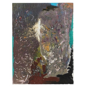 May include: Abstract expressionist painting with a textured surface. The artwork features a palette of dark brown, gray, white, and teal, with hints of orange and purple. The composition includes gestural brushstrokes and areas of impasto, creating a dynamic visual experience.
