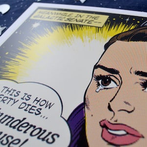 May include: A comic book style illustration of a woman with tears in her eyes. The text in the image reads "MEANWHILE, IN THE GALACTIC SENATE-- SO THIS IS HOW LIBERTY DIES... Thunderous plause!"