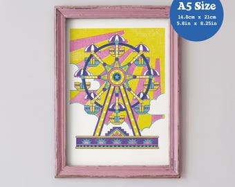 A5 Art Print 'Dreamland Wheel' - Original Art, Risograph Style, Ferris Wheel, Nursery, Child's Room, Fairground, Summer, Fun, Gift