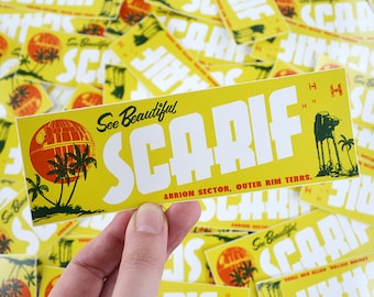 Vinyl Sticker 'See Beautiful Scarif' 15cm x 5cm - Star Wars, Rogue One, Jyn Erso, Cassian Andor, Bumper Sticker, Travel, Decal, Fun, Retro