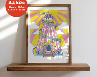 A4 Art Print 'Dreamland Helter Skelter' - Original Art, Risograph Style, Ride, Tower, Nursery, Child's Room, Fairground, Summer, Fun, Gift