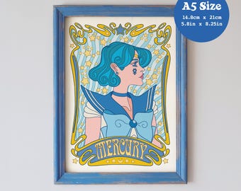 A5 Art Print 'Mercury Nouveau' - Anime, Manga, Psychedelic, Retro, 60s, 70s, Bishoujo, Sailor, Scout, Moon